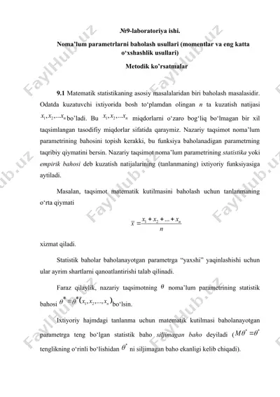 noma’lum parametrlarni baholash usullari momentlar va eng katta — DOCX