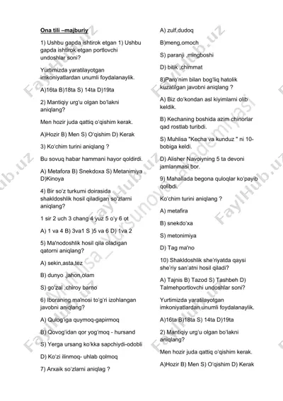majburiy ona tili test — DOCX