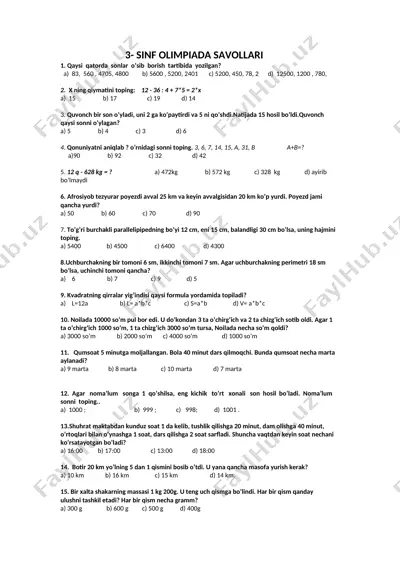 3-sinf olimpiada savollari — DOCX