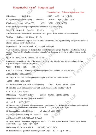 4-sinf matematika nazorat ishi 20 ta test — DOCX