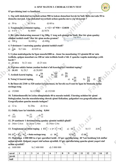 4- sinf 3 chorak matem test sinovi — PDF
