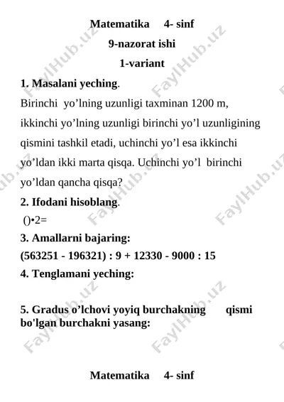 9- nazorat ishi matem 4- sinf — DOCX