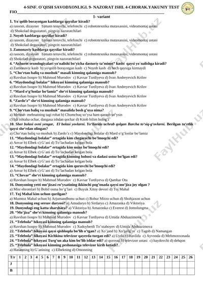 9- nazora ishi o'qish 4 sinf — DOCX