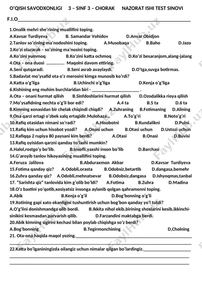 o'qish 3- chorak yakuni test — DOCX
