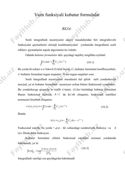 vazn funksiyali kubatur formulalar — DOC