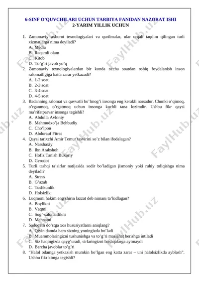 6-sinf tarbiya 2-yarim yillik nazorat ishi — DOCX