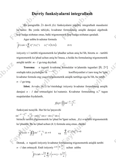 davriy funksiyalarni integrallash — DOC