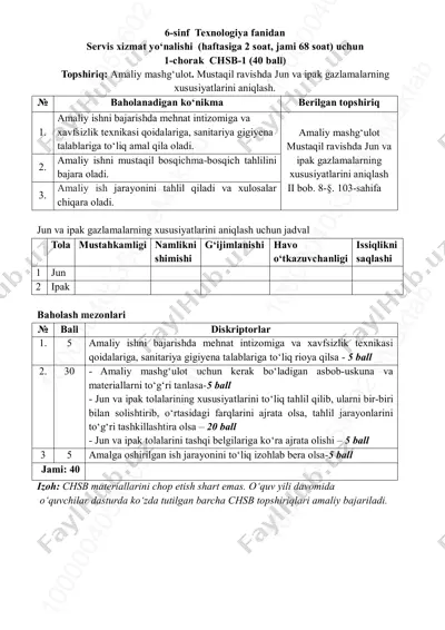 6-sinf texnologiya servis 1-chsb @summativ_formativ_baholash — PDF