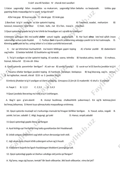 5-sinf ona tili va adbiyoti test 2024-yilgi darslik asosida — DOCX