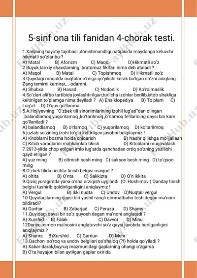 yangi test 5-sinf ona tili 4-chorak — PDF