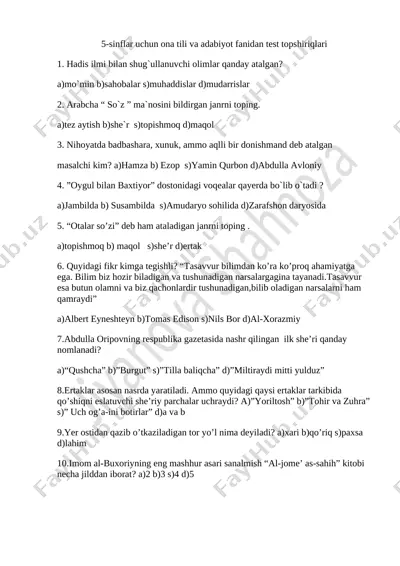 5-sinf. ona tili va adabiyot test — DOCX
