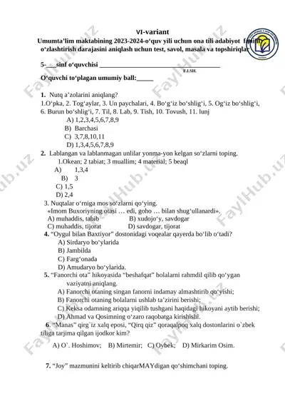 5 ona tili 4 variant — DOCX