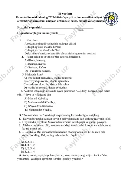 5 ona tili 3 variant — DOCX