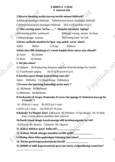 3 -sinf tarbiya 1- nazorat ishi — DOCX