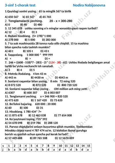 3-sinf test 1-chorak javoblari snn — DOCX