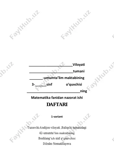 3-sinf matematika nazorat ishi 1-variant — PDF