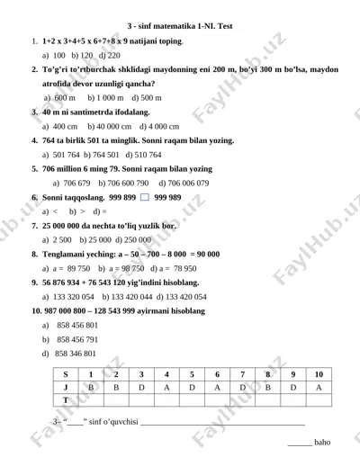 3-sinf 1-nazorat ishi. test javobi — DOCX