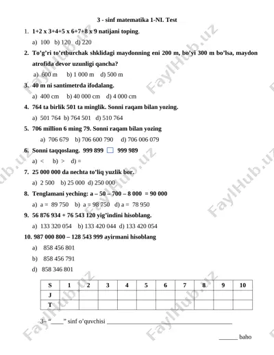 3-sinf 1-nazorat ishi. test — DOCX
