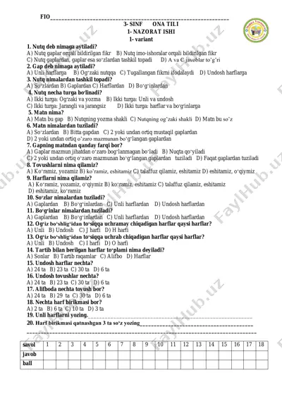 1- nazorat ishi ona tili 3- sinf — PDF