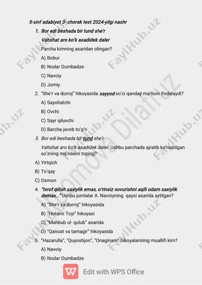 5-sinf adabiyot 3-chorak test — PDF