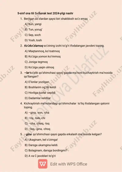 5-sinf ona 3-chorak test 2024 yilgi nashr asosida — PDF