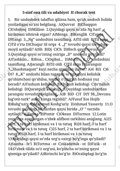 5-sinf ona tili va adabiyot ii chorak test. 30 talik — DOCX