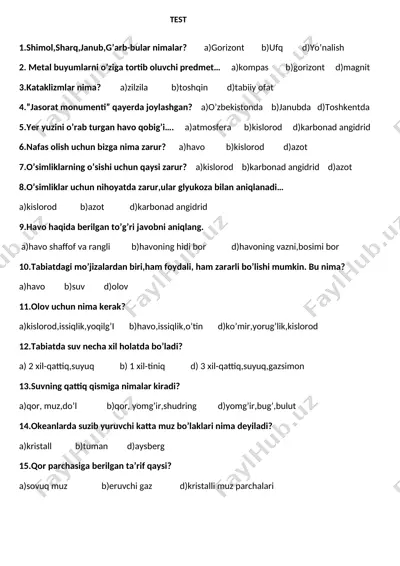 test tabiiy fan 3-chorak 18-mart — DOCX