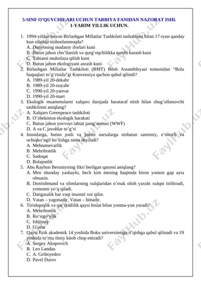 5-sinf tarbiya 1-yarim yillik nazorat ishi — DOCX