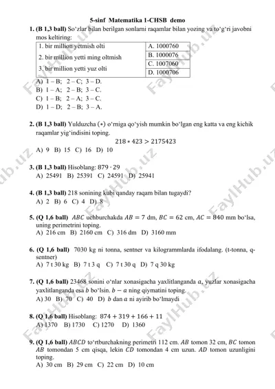 5-sinf matematika demo 1-chsb @summativ_formativ_baholash — PDF