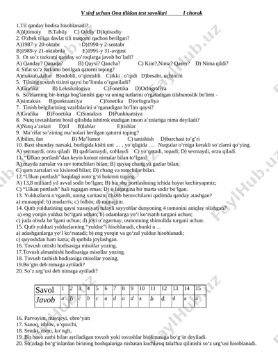v sinf uchun ona tilidan test savollari i chorak — DOCX