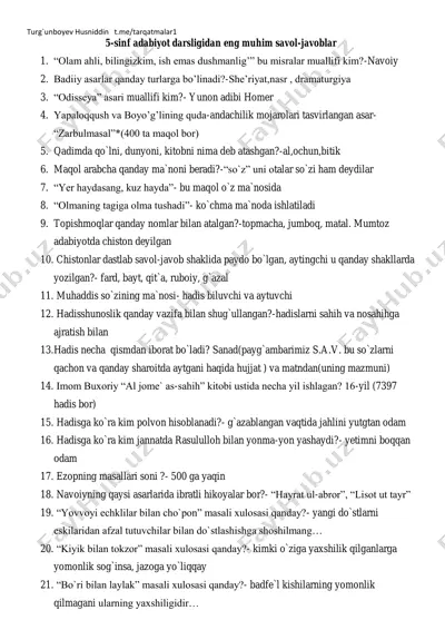 5-sinf adabiyot savol-javobi faqat testga tayyorlov1 — PDF