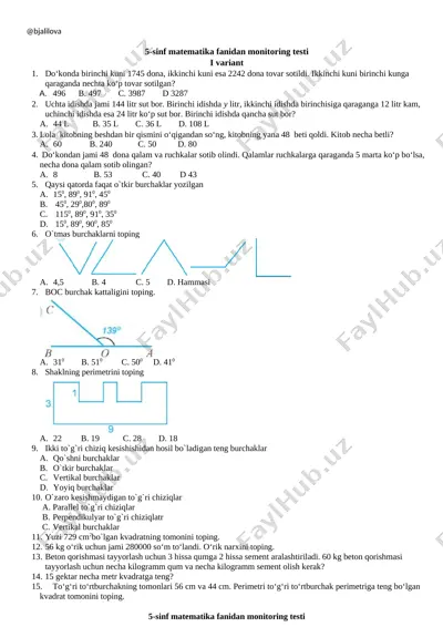 ii chorak 5-sinf uchun matematikadan monitoring testi — DOCX