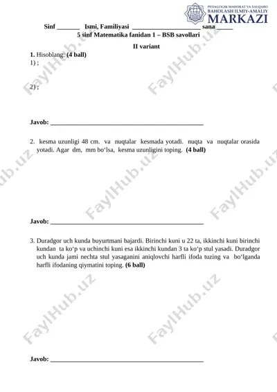 5-sinf matematika 2-variant bsb @summativ_formativ_baholash — DOCX