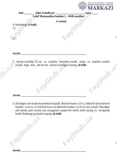 5-sinf matematika 1-variant bsb @summativ_formativ_baholash — DOCX