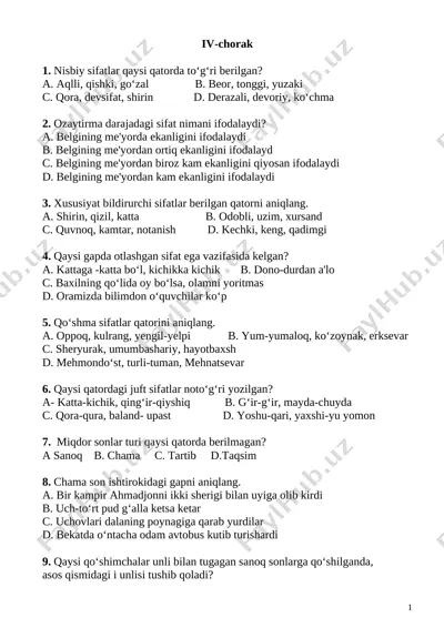 6-sinf ona tili 4-chorak test @e_baza_ishreja — DOCX
