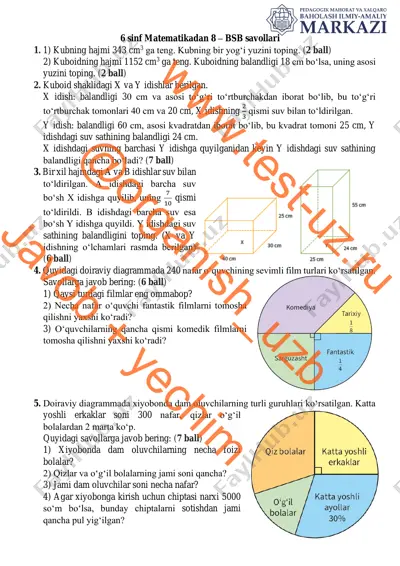 6 sinf umumta'lim matematika iv chorak bsb-8 i variant — PDF