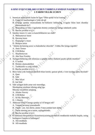 6-sinf tarbiya 1-yarim yillik nazorat ishi — DOCX