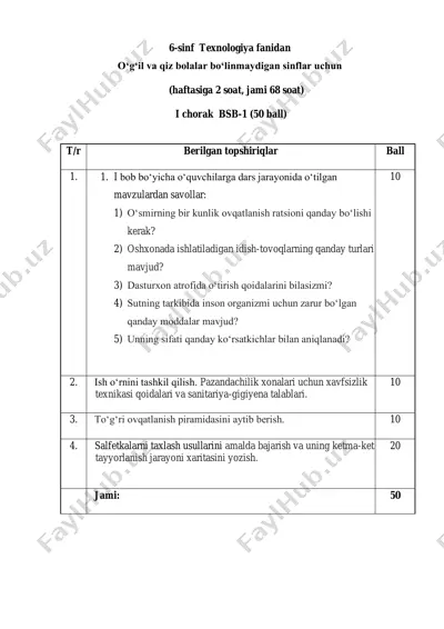 6_sinf_texnologiya_1_chorak_bo'linmaydigan_bsb_@summativ_formativ — PDF