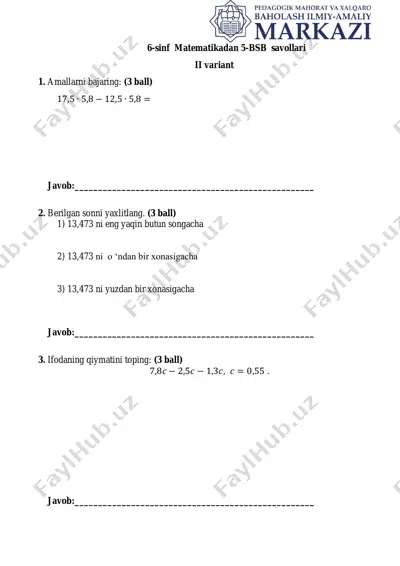 ii chorak. 6 sinf 5 bsb matematika umumtalim ii variant — PDF