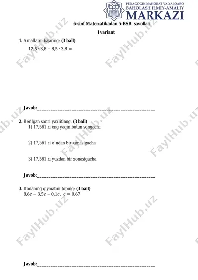 ii chorak. 6 sinf 5 bsb matematika umumtalim i variant — PDF