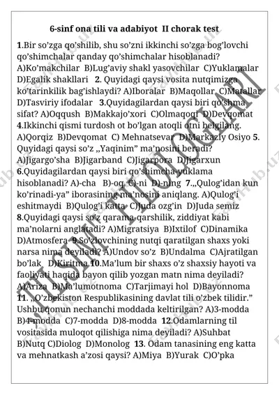 6-sinf ona tili va adabiyot ii chorak test. 30 talik — DOCX