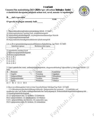 8 sinf biologiya 1 variant — PDF