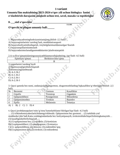 8 sinf biologiya 1 variant — DOCX