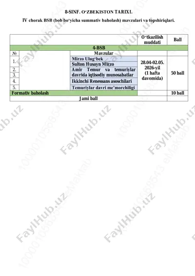 8-sinf o'zb tarix 4-bsb @summativ_formativ_baholash — PDF