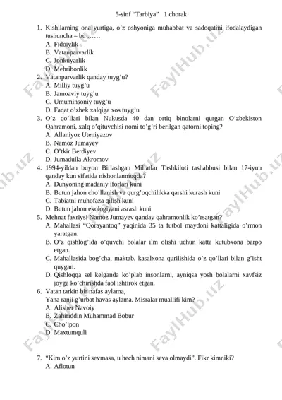 5-11 sinflar chiraklik testlar — DOCX