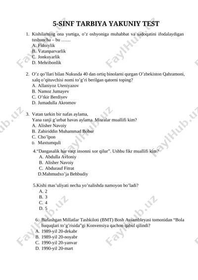 5-sinf yakuniy test tarbiya — DOCX