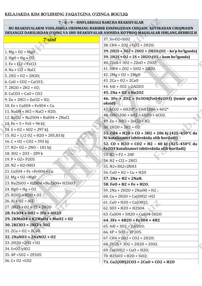 7 – 8 – 9 – sinflardagi barcha reaksiyalar — PDF