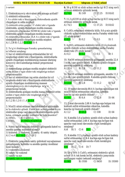 elektroliz (nobel_school) 1-2 variant javobli — PDF