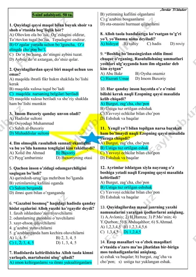 5-sinf adabiyot aralash 50 ta (javobli) — PDF