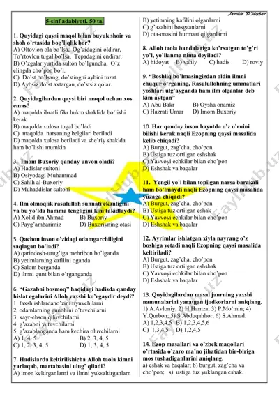 5-sinf adabiyot aralash 50 ta (javobsiz) — PDF